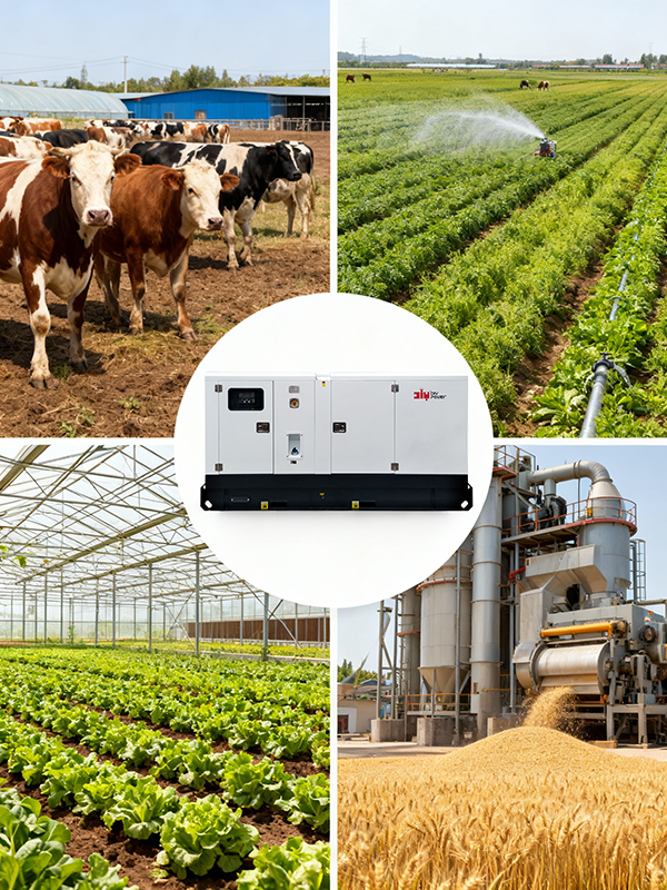 jimeng-2025-11-27-6804-生成一个四宫格，内容分别是：现代畜牧业，农田灌溉，温室培育，谷物加工。最后，图一...