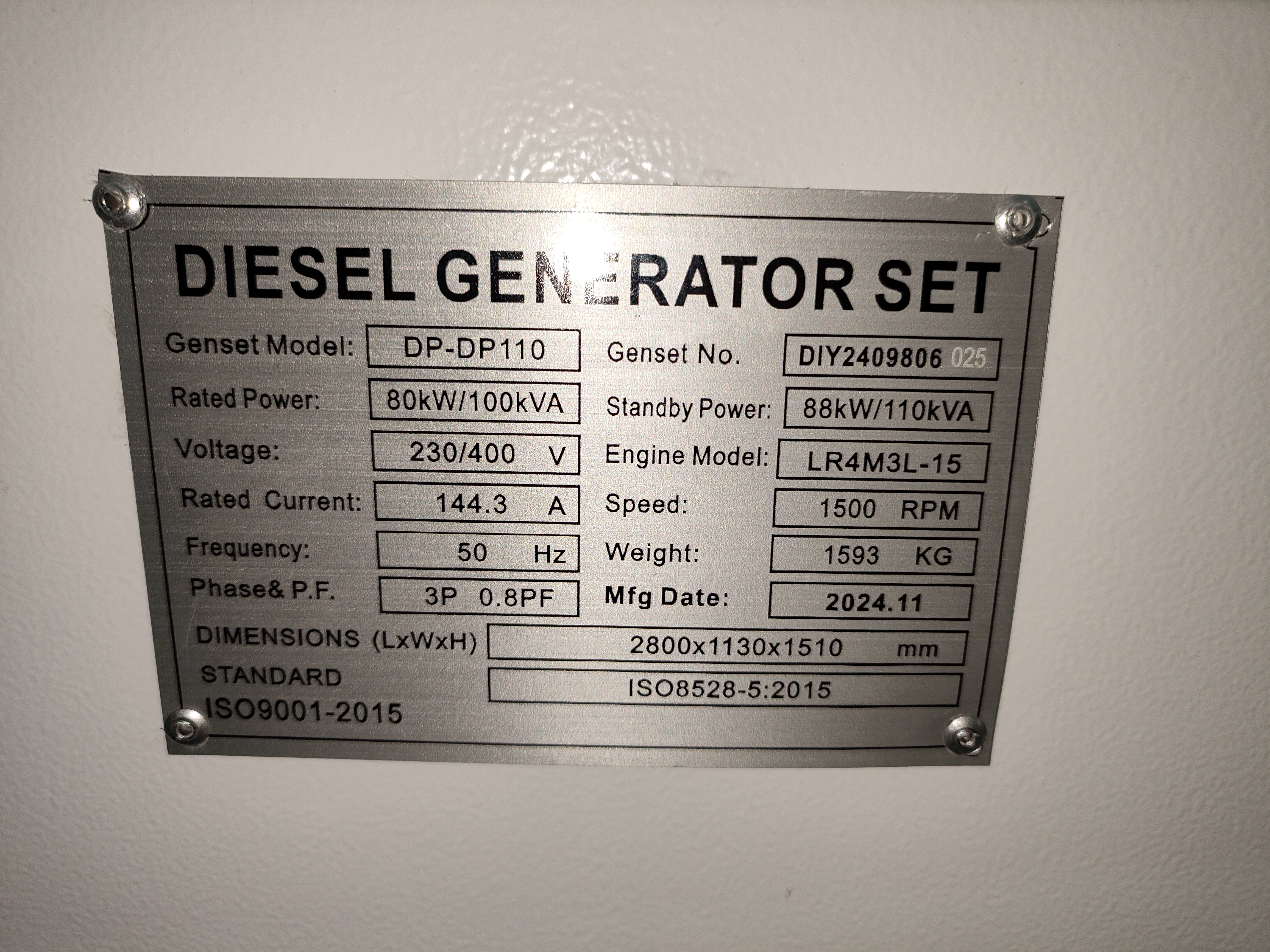 DIY-DP110 YTO LR4M3L-15 Grupo electrógeno diésel 80kW 50Hz
