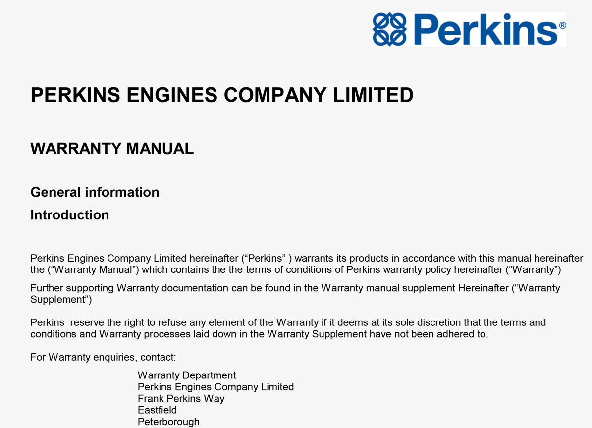 Edición del manual de garantía de Perkins Engien