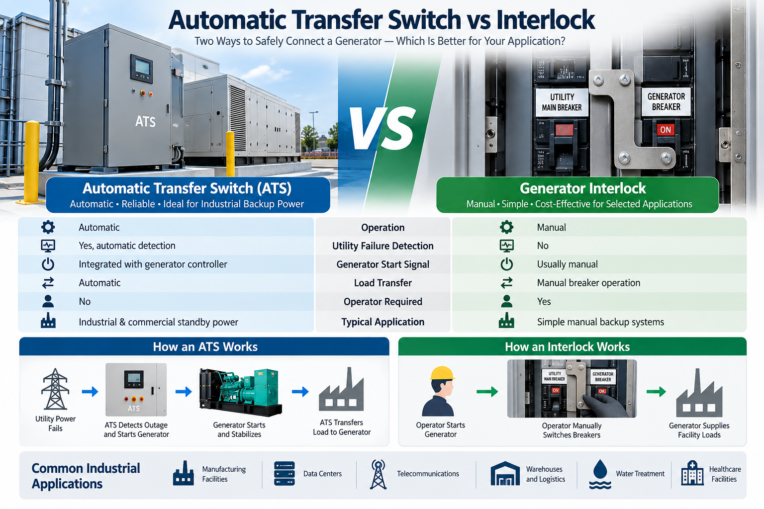 ATS vs Interlock: 7 diferencias clave para sistemas de generadores industriales