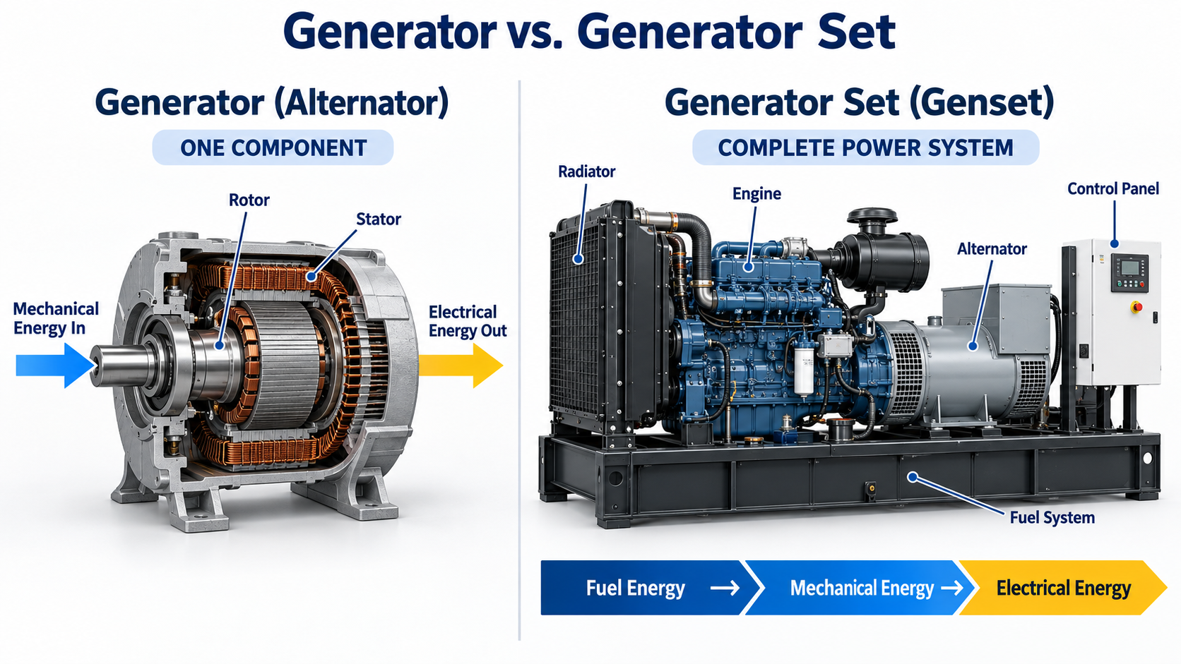 Generador versus grupo electr&oacute;geno que muestra el alternador y los componentes completos del grupo electr&oacute;geno