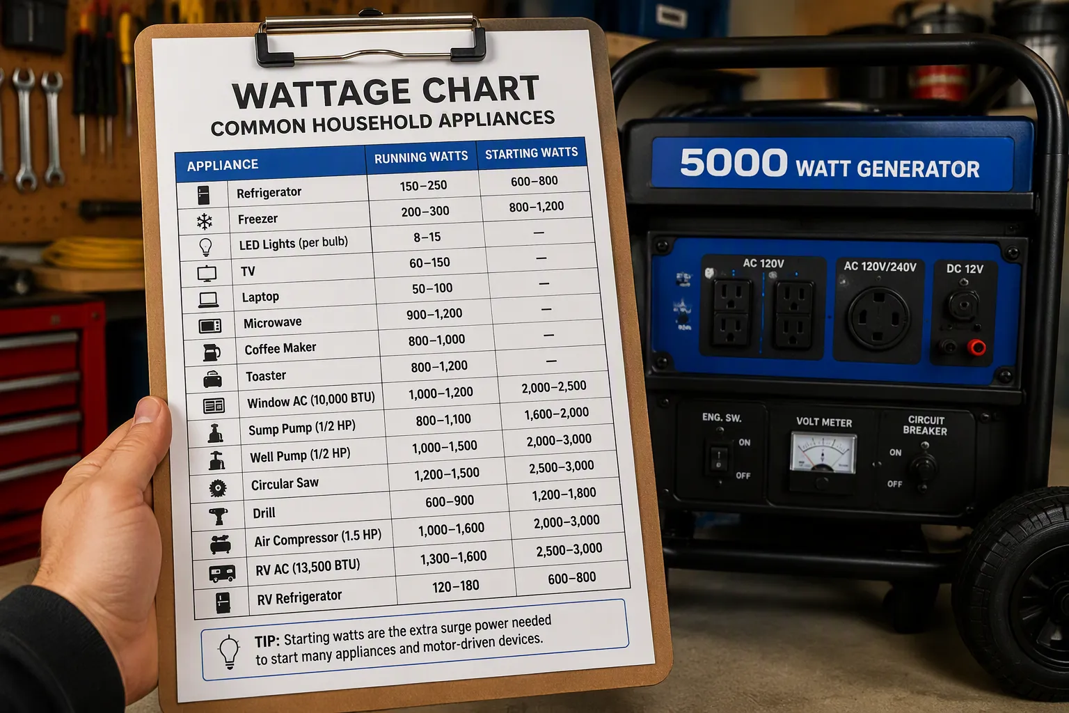 Tabla de potencia de electrodom&eacute;sticos generadores de 5000 vatios